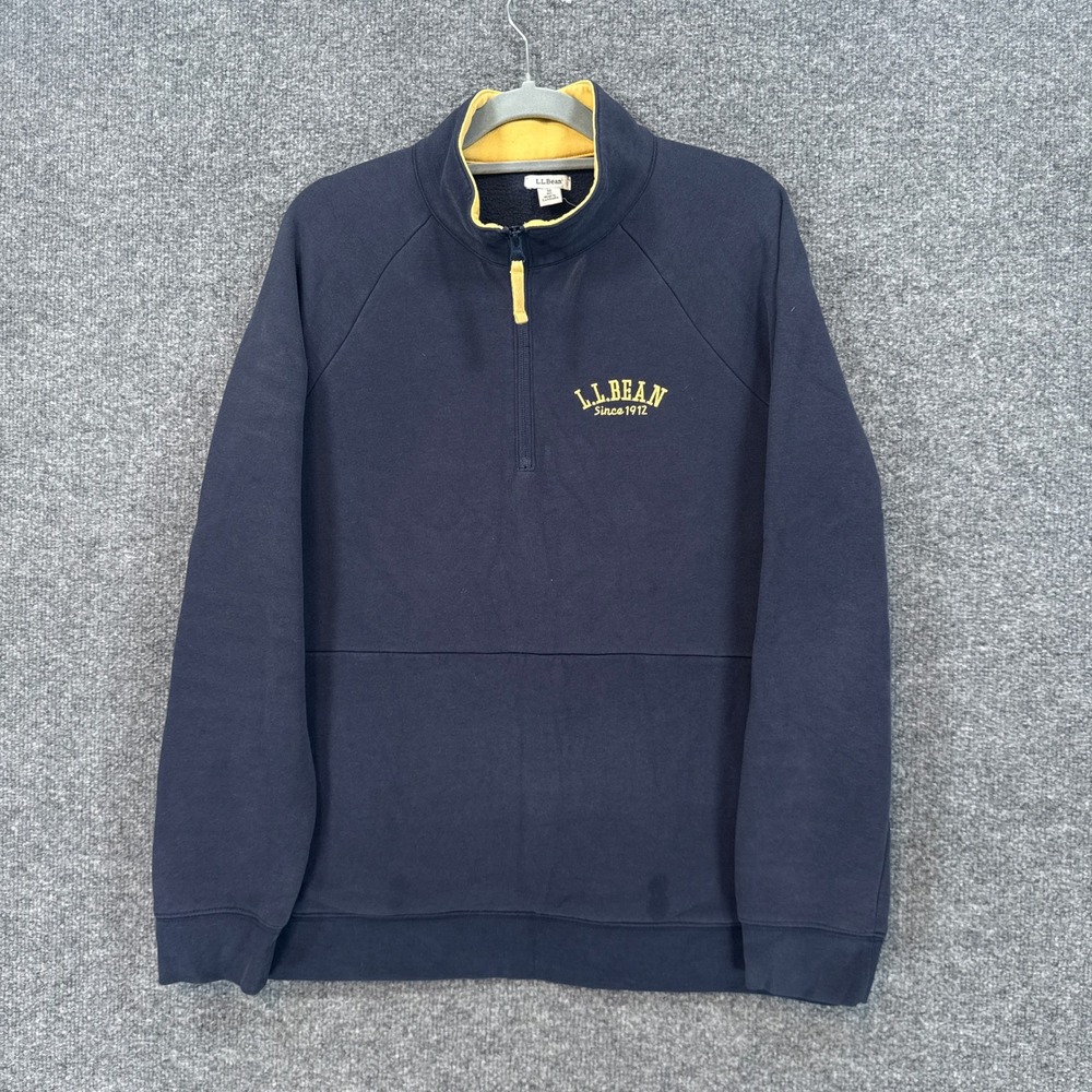 LL Bean Sweatshirt Mens Medium Blue Yellow Embroidered Logo Pullover 1/4 Zip